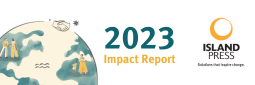 Graphic reads "2023 Impact Report" with illustrated teal graphic of the world with yellow people