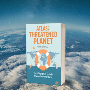 3D cover of the book "Atlas of a Threatened Planet" on top of a background showing the curve of the planet with a blue sky